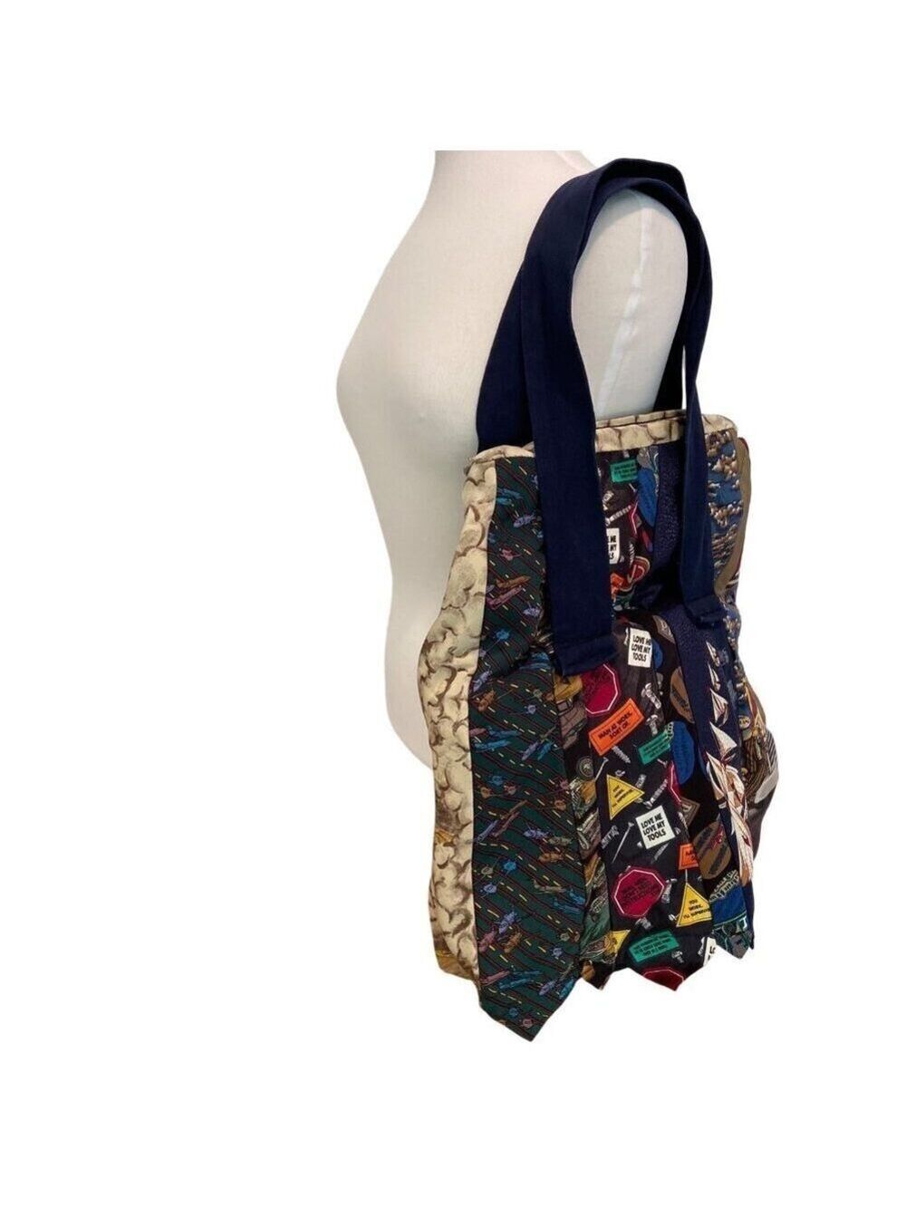 Upcycled Vintage Silk Necktie Tote Bag handcrafted masculine illustrations tools